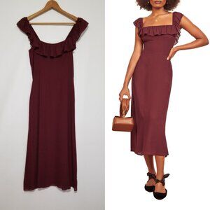 NWT Reformation Colette Ruffle Square Neck Midi Dress in Plum (Burgundy) Size 8